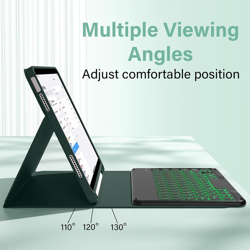aoub Keyboard Case for iPad (A16) 11th Generation 11-inch 2025, iPad 10th Generation 10.9 inch 2022 with Pencil Holder, 7 Color Backlit Detachable Wireless Bluetooth Keyboard Stand Folio - Green - Image 5